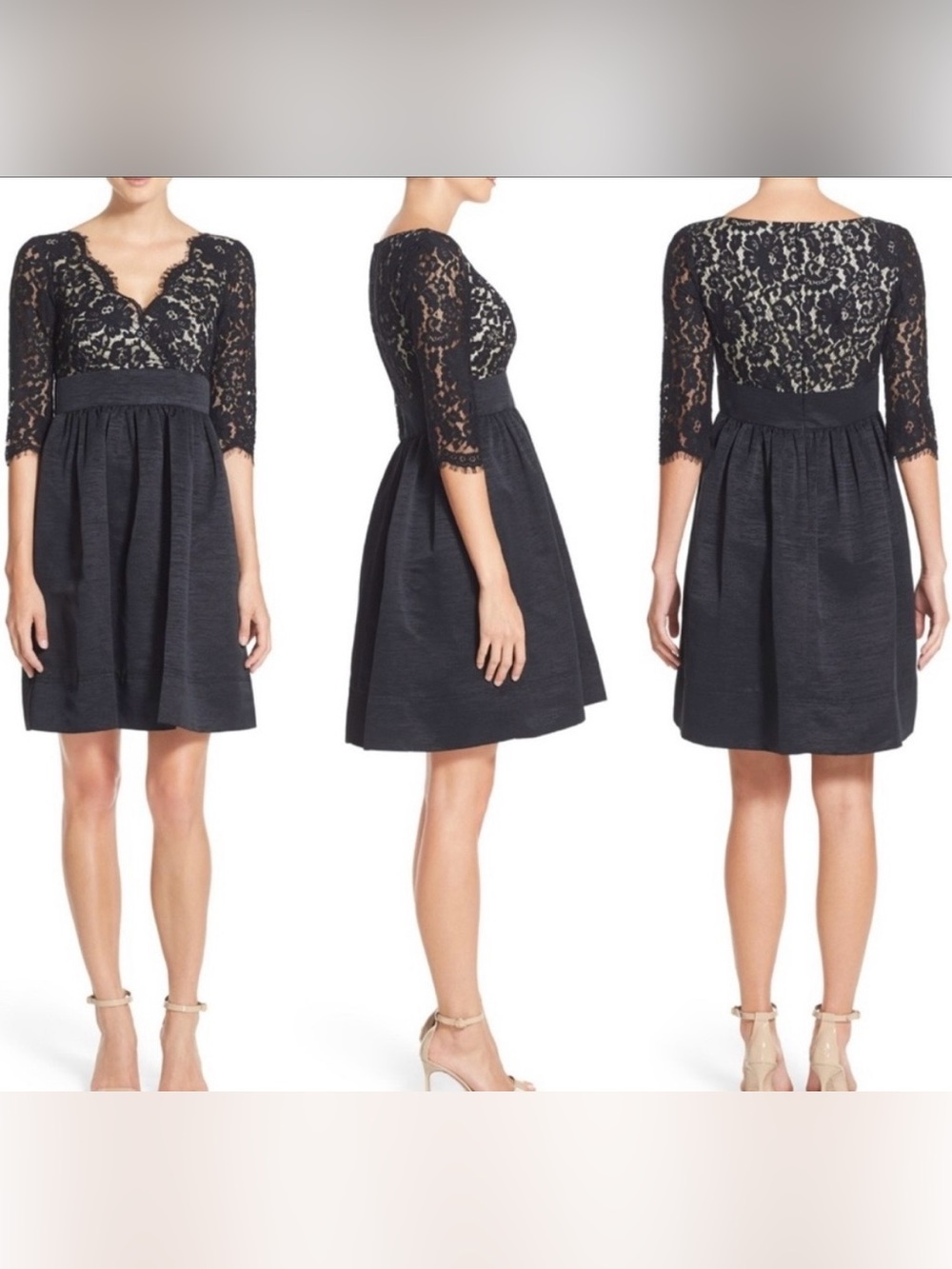 Eliza J Black Lace Overlay Fit & Flare Cocktail Dress with Nude Lining Size 4